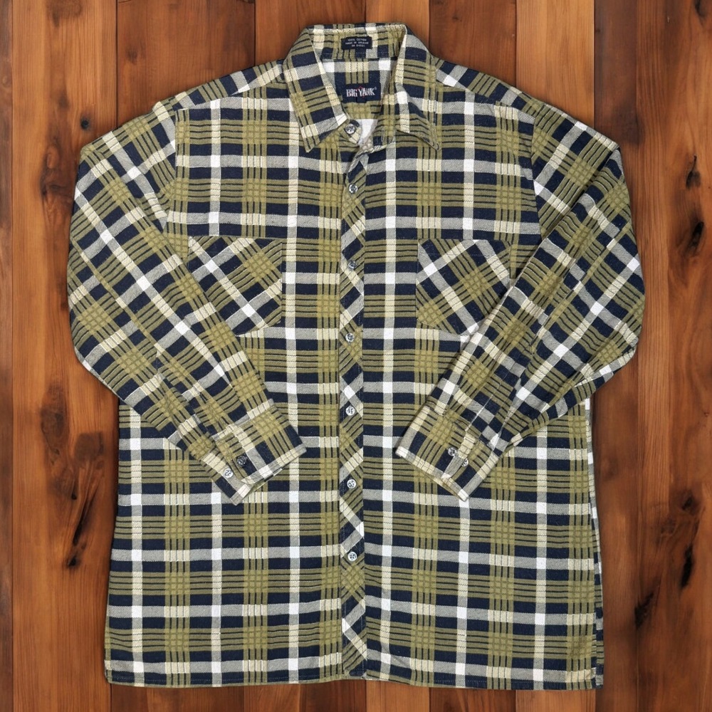 Vintage Big Yank Flannel Shirt Mens Large Green Plaid Cotton Lumberjack Workwear